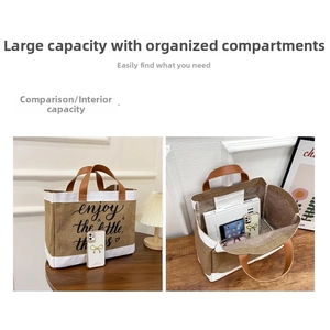 Linen tote bag with 'enjoy the little things' print showing large capacity for books
