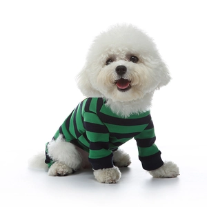 Detail of green and black striped pet pajamas showing the soft knitted cotton texture