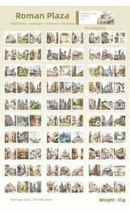 Detailed grid layout showing 30 unique watercolor Roman scenery washi paper stickers