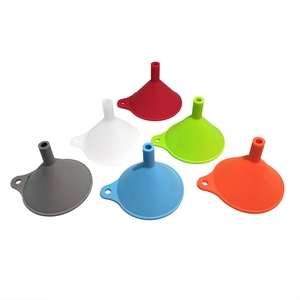 Group of six colorful collapsible silicone funnels in red green blue white and grey