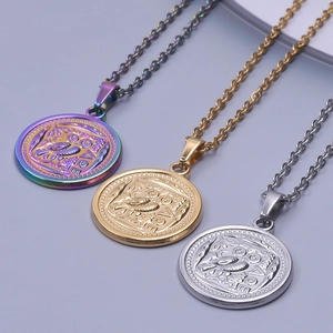 Three-color owl coin pendant necklaces in rainbow, gold, and silver finishes with LOVE engraving