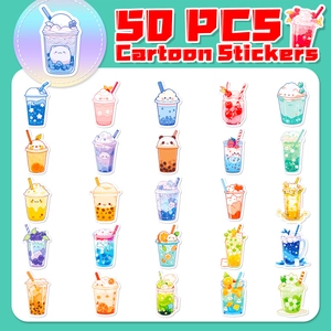 Set of 50 cute cartoon bubble tea stickers featuring vibrant 2D illustrated beverage designs