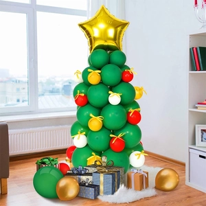 Christmas tree balloon set with red and green globes topped with a gold star decoration