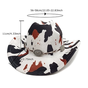 Cow pattern wool felt cowboy hat with braided rope and metal buckle 56-58cm