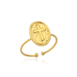 18k gold plated stainless steel ring with embossed cross and twisted adjustable band