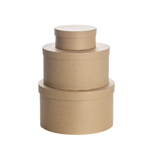 Three-piece stack of round kraft paper gift boxes in graduated sizes on white background
