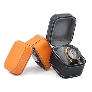 Portable PU leather travel watch storage case with zipper closure and soft velvet lining