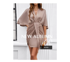 Elegant satin wrap dress featuring a v-neck and butterfly sleeves in champagne gold color