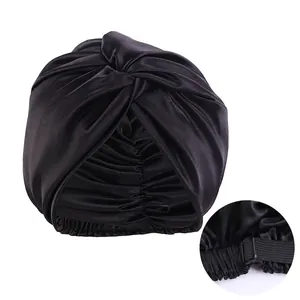 Adjustable black faux silk sleeping cap with double-layer twist knot and elastic strap