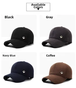 Detail view of thickened wool baseball caps in four colors with metal fashion emblems