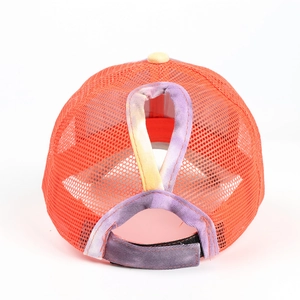 Detail of orange mesh cap with purple tie-dye criss cross high ponytail hole and velcro