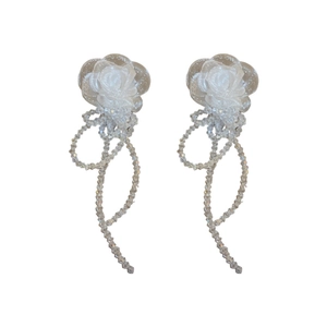 Elegant white fabric organza flower earrings with crystal beaded fringe tassels