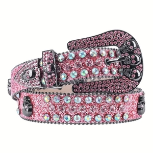 Pink Y2K leather belt with shiny rhinestones and metallic skull studs for women and men