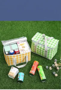 Detailopname van geïsoleerde picknicktas met dikke aluminiumfolie en ruitjespatroon