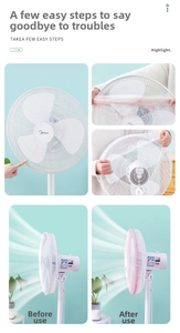 Detail of pink fine mesh fan cover showing step-by-step installation on a floor fan