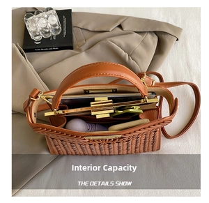 Detail view of woven brown handbag interior showing capacity for tablets and essentials