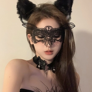 Three-piece black lace cat ear mask and silk choker set for Halloween party costumes