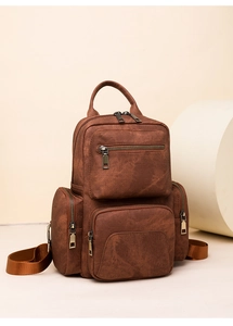 Detail of vintage brown PU backpack with front zipper pocket and side zip compartments