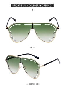Detailed front and 45-degree views of irregular oversized green gradient sunglasses