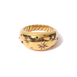 French vintage hexagram ring in gold finish with colorful zircon stones and star motifs