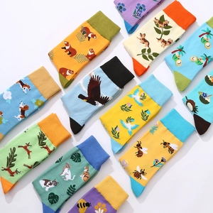 Colorful cotton crew socks with assorted cartoon animal and plant patterns