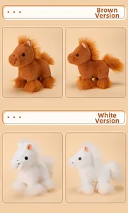 Detailed plush horse toys in brown and white colors with fluffy manes and soft texture
