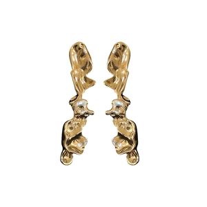 Modern irregular gold拼接 metallic earrings set with a high-shine finish on white background