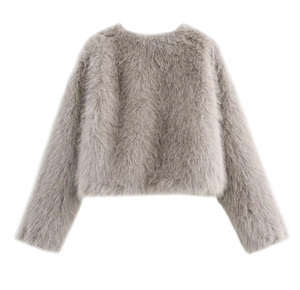 Detailed view of grey faux fur jacket showing fluffy texture and premium plush material