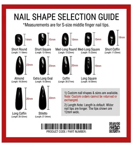 Size guide for black camellia press-on nails featuring various shapes and lengths