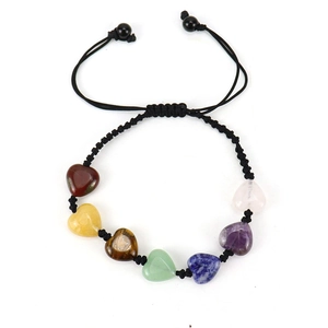Handmade 7 Chakra heart-shaped gemstone braided bracelet with adjustable black rope cord