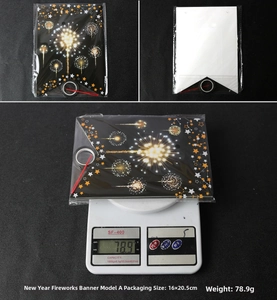Detail of Happy New Year bunting flag with firework pattern, 16x20.5cm and 78.9g weight
