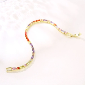 Chic gold plated tennis bracelet featuring multi-colored rectangular and round zircons