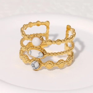 Three-layer vintage gold stainless steel ring with white turquoise stones and bead texture
