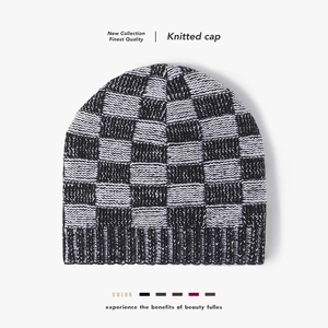 Unisex Checkerboard Knitted Beanie Hat Fleece Lined Thick Warm Slouchy Skull Cap Acrylic Jacquard Brimless Winter Headwear
