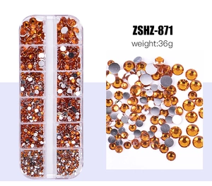 Detail of 12-grid box with amber resin nail art rhinestones and ZSHZ-871 specifications
