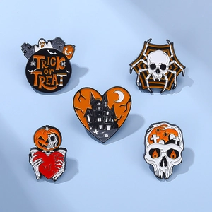 Gothic Halloween enamel pin set with skull, pumpkin, and spider designs for costumes
