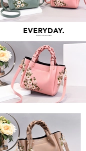 Detail of floral embroidery and woven handles on pink, green, and khaki handbags
