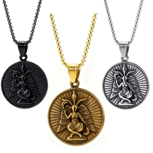 Baphomet Satan Goat Head Round Medallion Pendant Necklace Stainless Steel Gothic Punk Vintage Religious Jewelry For Men