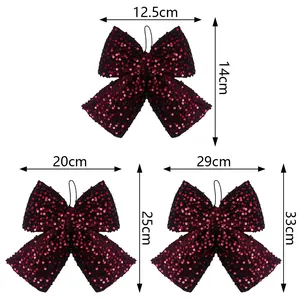 Detailed size guide for 3D Christmas bows showing 14cm, 25cm, and 33cm height dimensions