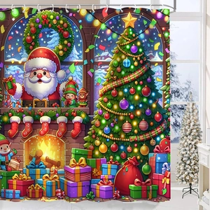 Waterproof Christmas shower curtain featuring Santa Claus and tree in a festive bathroom