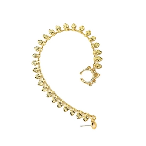 Gold-tone ear cuff chain earrings with heart cutout design and fan charms on white background