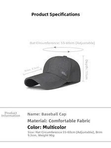 Gray sport baseball cap technical details showing 9.5cm long brim and adjustable size