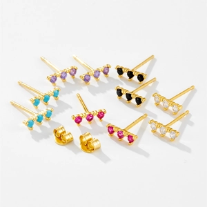 Close-up of S925 sterling silver stud earrings with colorful zircon row setting