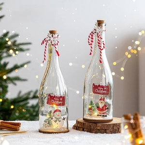 Christmas Glass Bottle Ornament With Warm LED Light Santa Claus Snowman Miniature Landscape Wooden Base Desk Decor