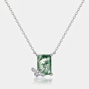 Square Natural Green Moss Agate Necklace With Silver Bee 925 Sterling Silver Chain For Women Elegant Jewelry