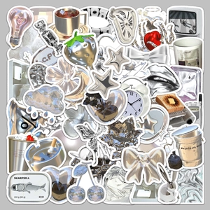Pack of 50 silver Y2K metallic aesthetic waterproof stickers for DIY scrapbooking and laptops