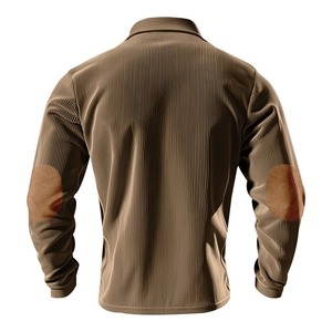 Detailed back view of brown corduroy shirt with tan oval elbow patches on a white background
