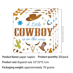 Detail of disposable napkins with cowboy hats and A Little COWBOY IS ON THE WAY text