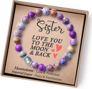 Moonstone and Imperial Jasper bead bracelet in a gift box with a Sister sentiment card