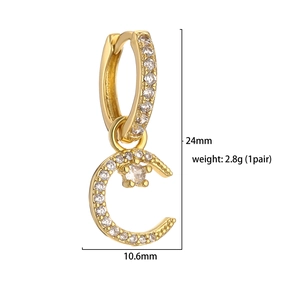 Detail view of gold-plated C-shaped drop earrings with white cubic zirconia and dimensions